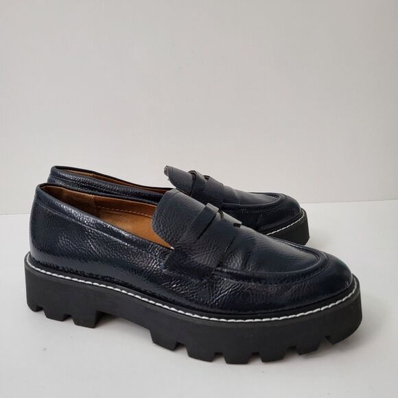 FRANCO SARTO Bazel Penny Loafers Shoes Womens 7 Dark Navy Blue Patent Vegan Lug - Picture 1 of 9